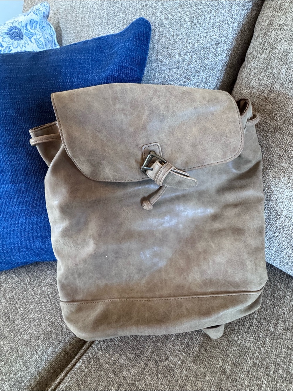 Lands' End Taupe Leather Backpack with Buckle Flap
